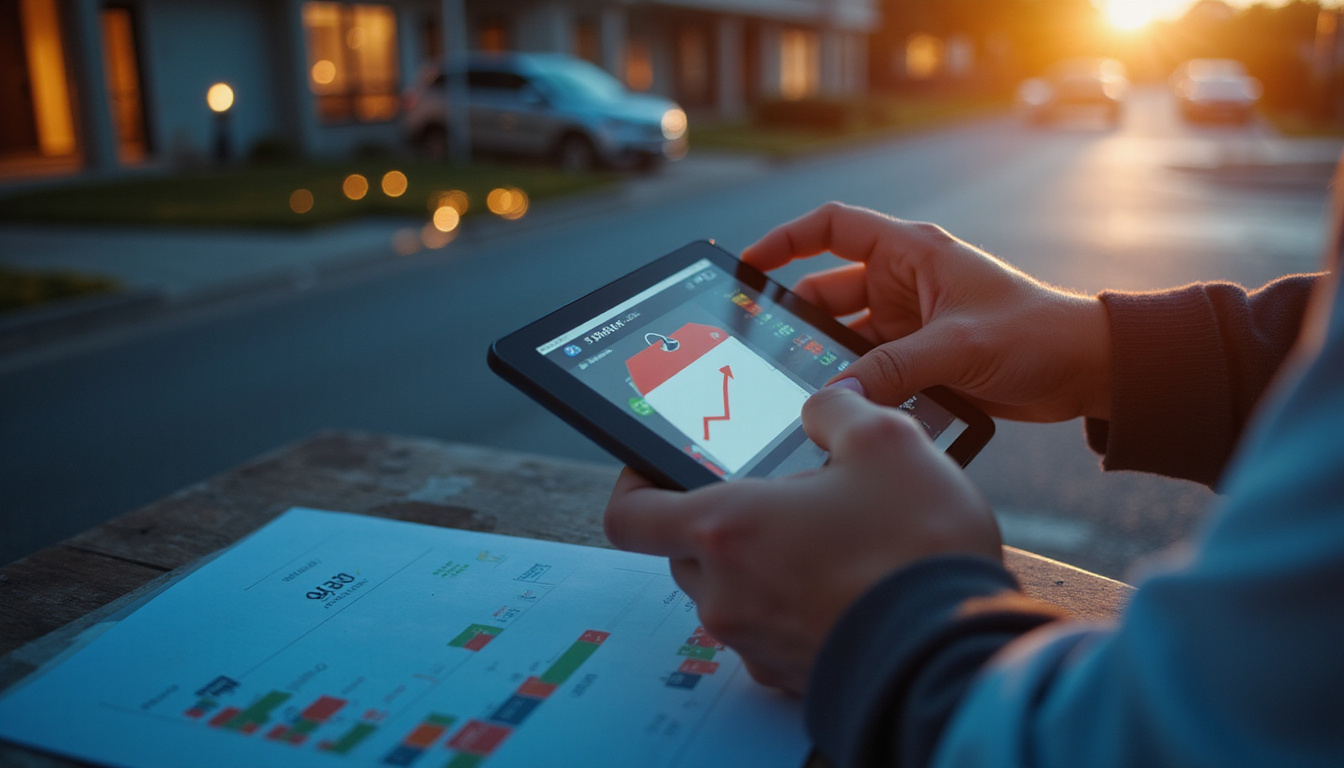 Agent adjusting price tag on tablet, market chart overlay, warm twilight curb appeal
