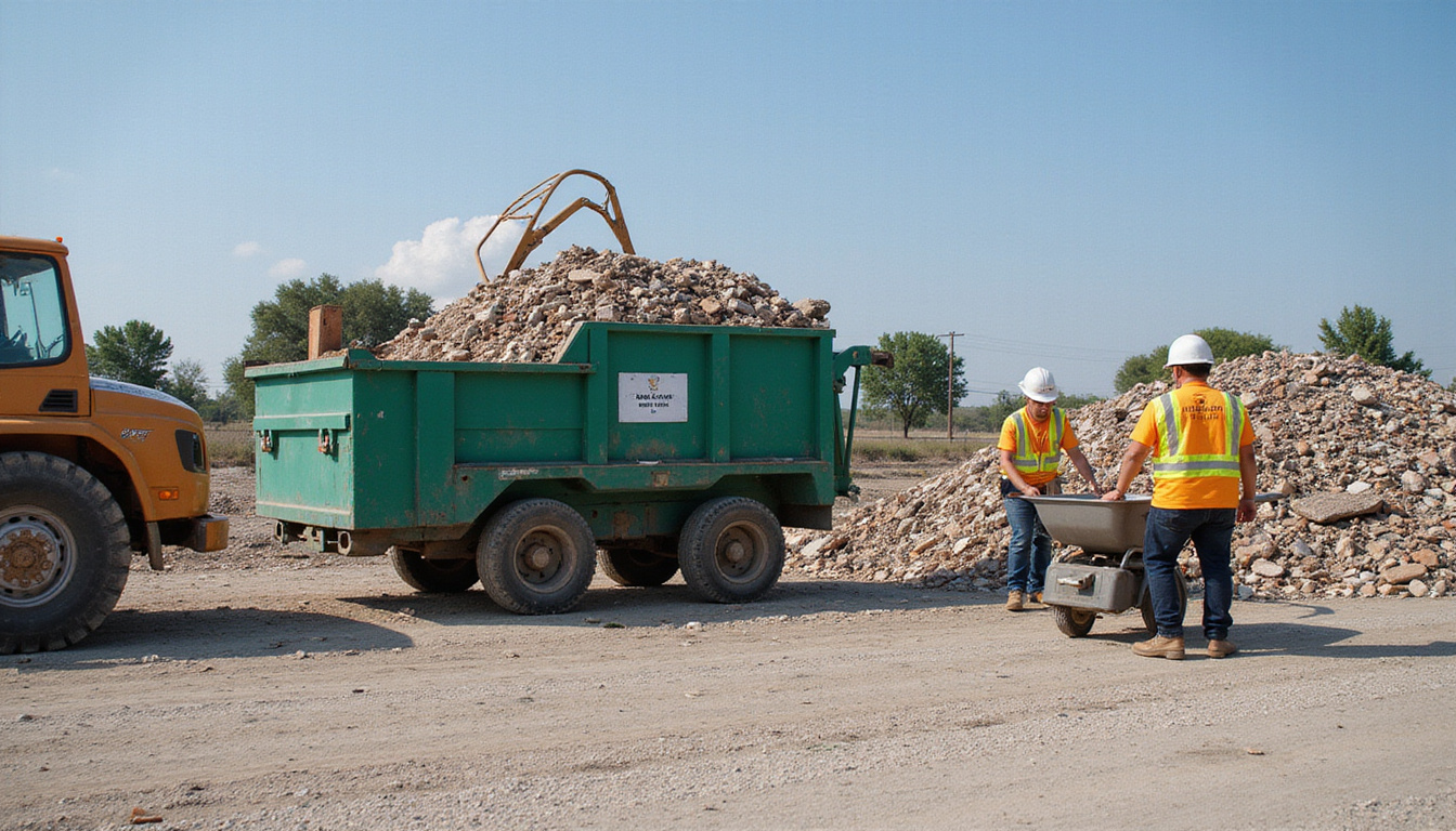  Time-lapse of dumpster compacting, electric wheelbarrow hauling rubble, organized contractors, safety gear