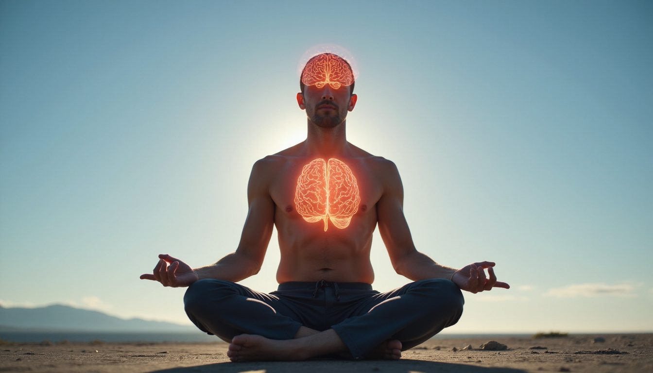 Fit person meditating, translucent brain glowing, meat-centric cookbook, clear sky background