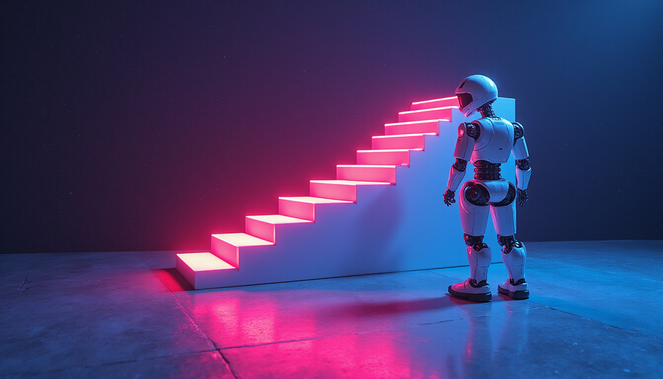  Seven luminous steps floating above a malfunctioning robot, technicians analyzing code, neon diagnostics