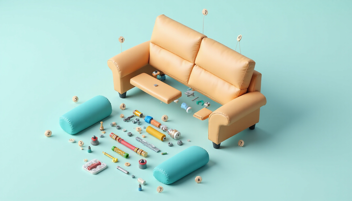  Isometric exploded-view of sofa parts, color-coded connectors, numbered steps, checklist, calm pastel background