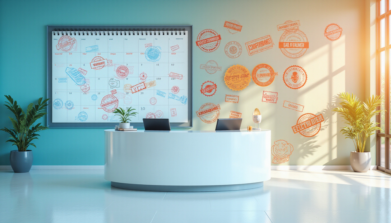 Clinic reception desk with calendar full of confirmed stamps, messaging icons floating, relieved staff