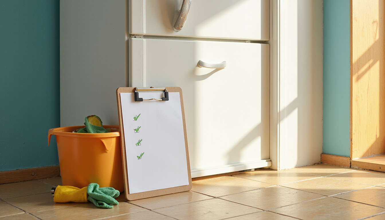  Step by step checklist clipboard, gloves, toolbox next to wrapped fridge on doorway threshold, sunlight