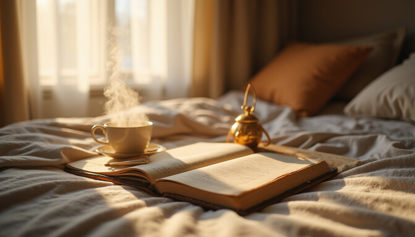  Minimalist bedroom morning ritual, steaming tea, open notebook, golden beam igniting small radiant compass