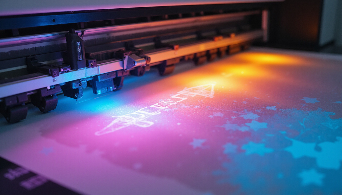  Close-up industrial large-format printer spitting vibrant CMYK inks, precise registration, brand logo emerging
