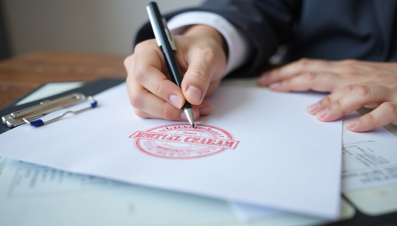  Close-up of hands signing regulatory documents, red compliance stamp, organized folder, neutral palette