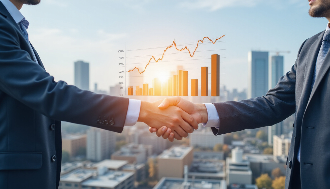  Investor shaking hands with developer amid construction site, cashflow charts hovering, futuristic skyline background
