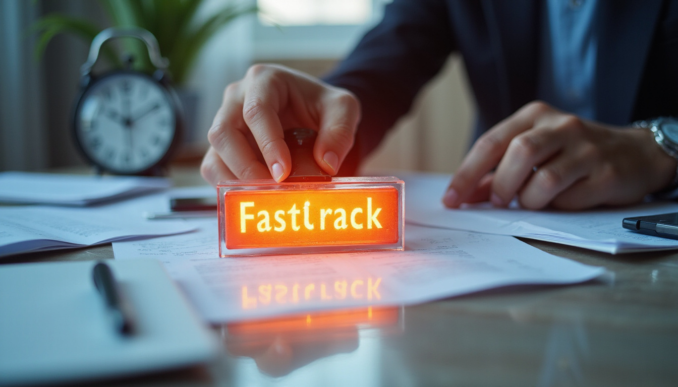  Fast-track permit stamp glowing, hands exchanging documents, clock hands blurred, modern planning office