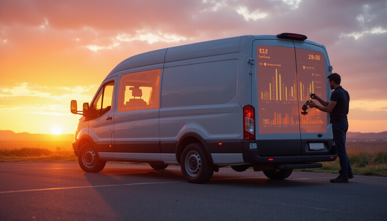 Photorealistic van parked at sunrise, technician loading equipment, cashflow graphs projected on side