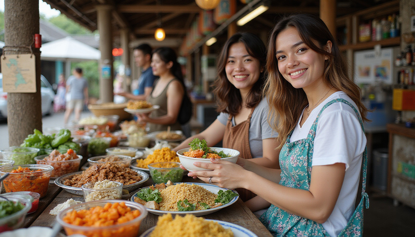 Colorful local market, cheap street food, travel map, smiling friends, affordable Bali adventure