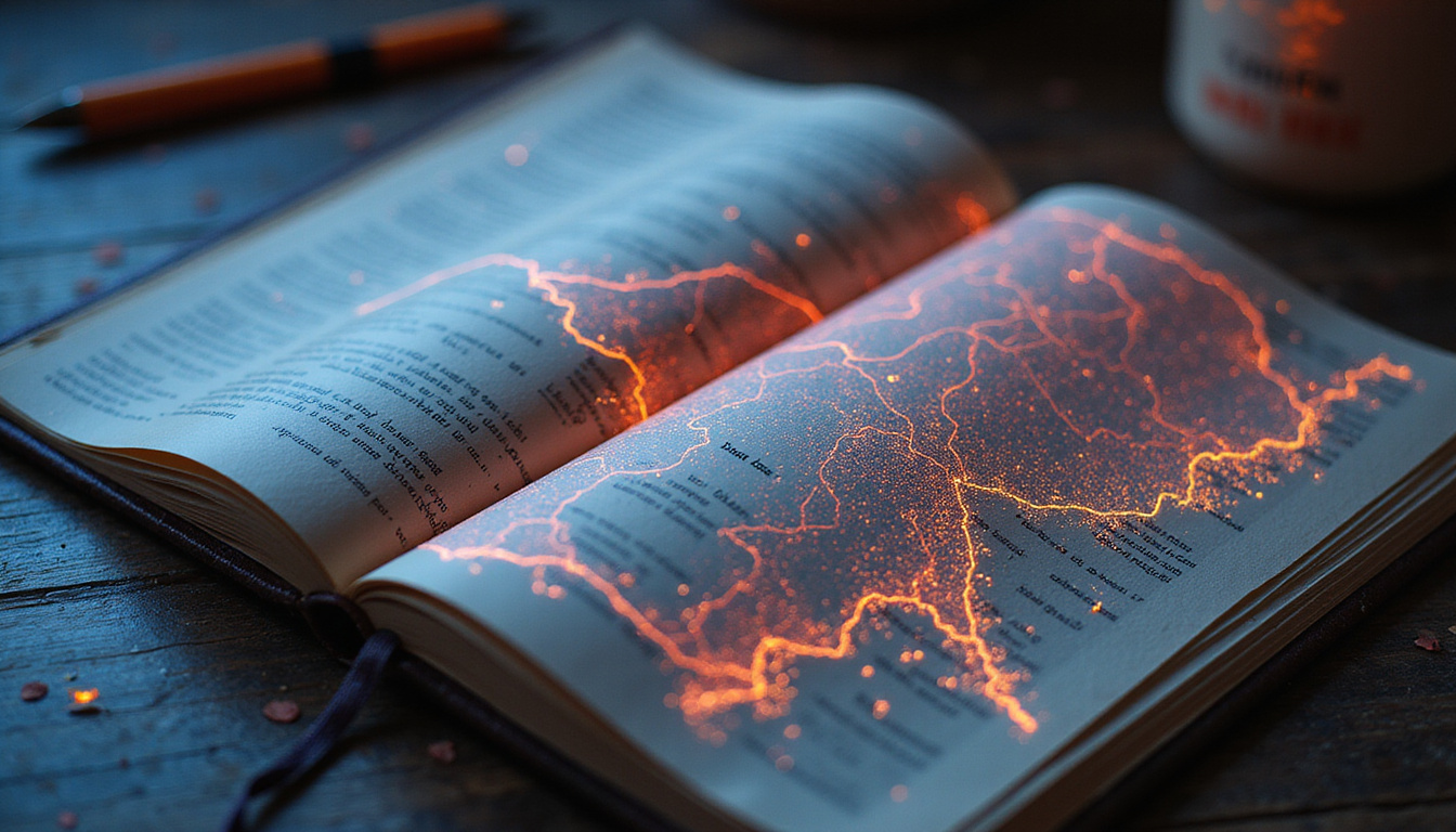 Retro-futuristic study with ledger pages, mathematical formulas, Japanese calligraphy, glowing blockchain map