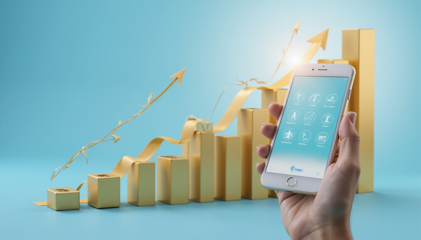 Hands-free virtual assistant routing calls, golden arrows reducing missed calls, upward financial growth charts