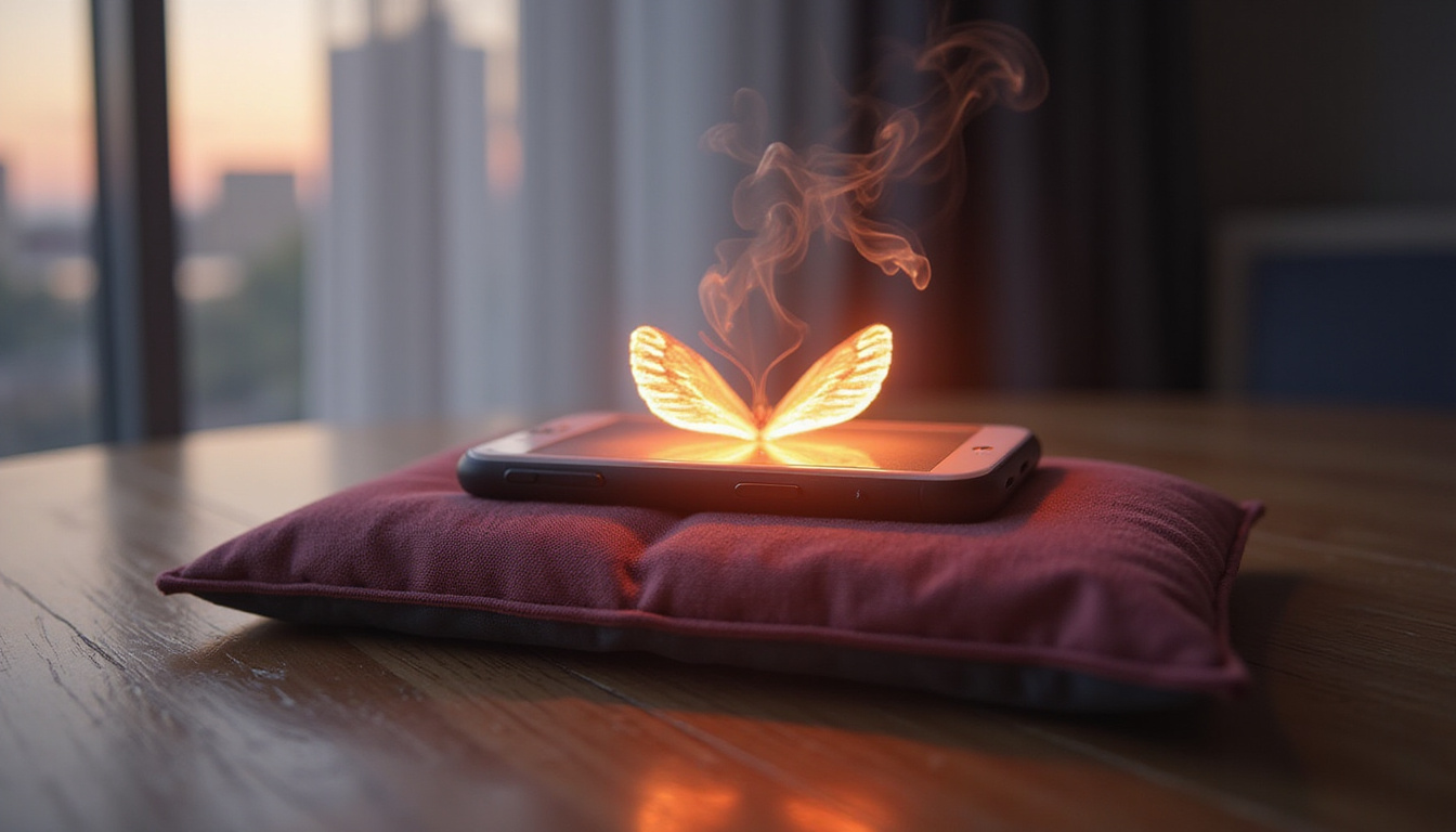  Smartphone glowing waveform, meditation cushion, incense smoke, butterfly emerging, peaceful face, soft curtains