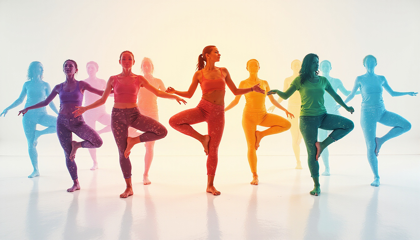  Team in yoga flow balancing on toes agile footwork drills vivid colors motion