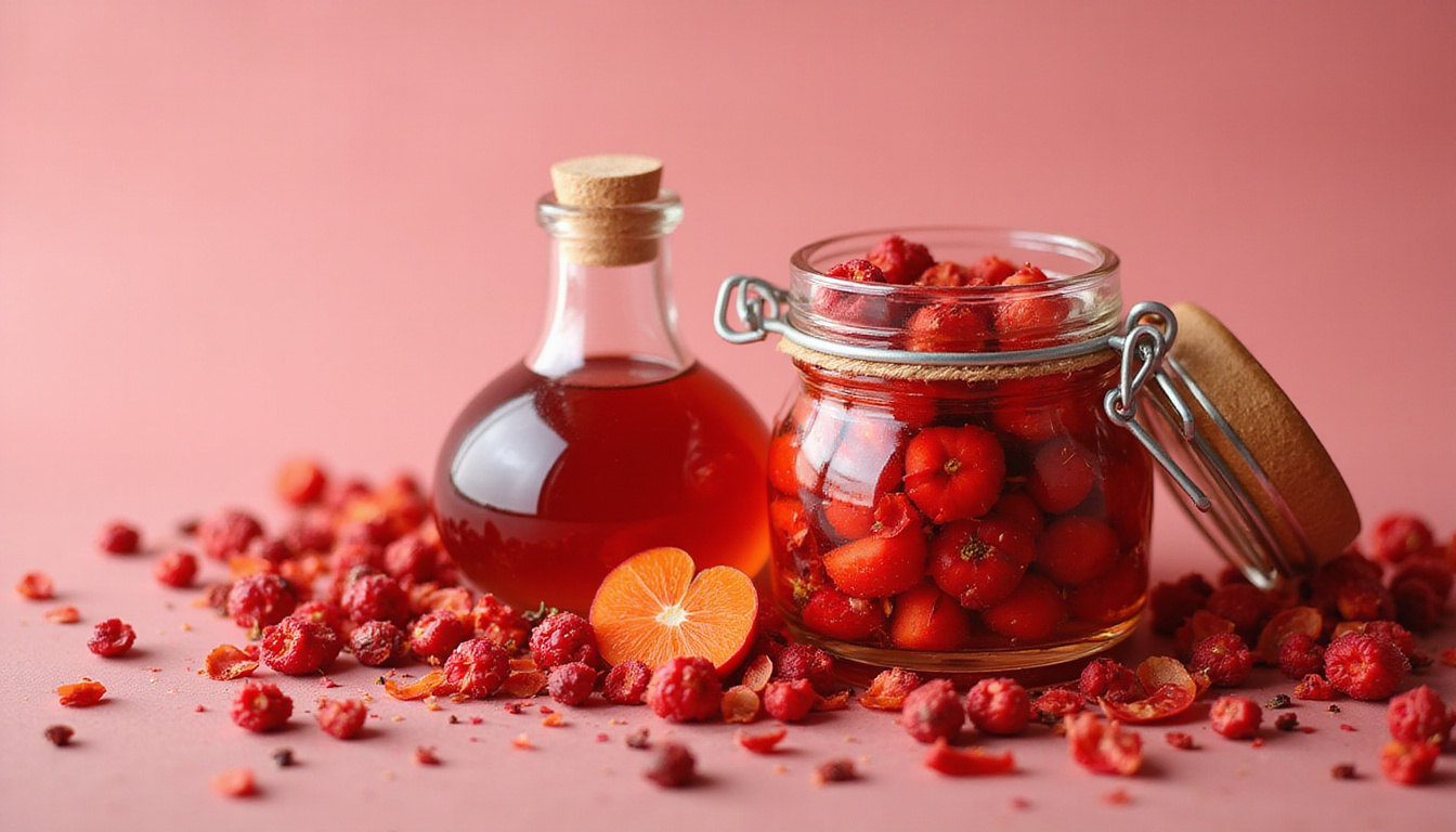  Rustic jar of rosehip oil, red hips and petals, cascading healthy hair strands