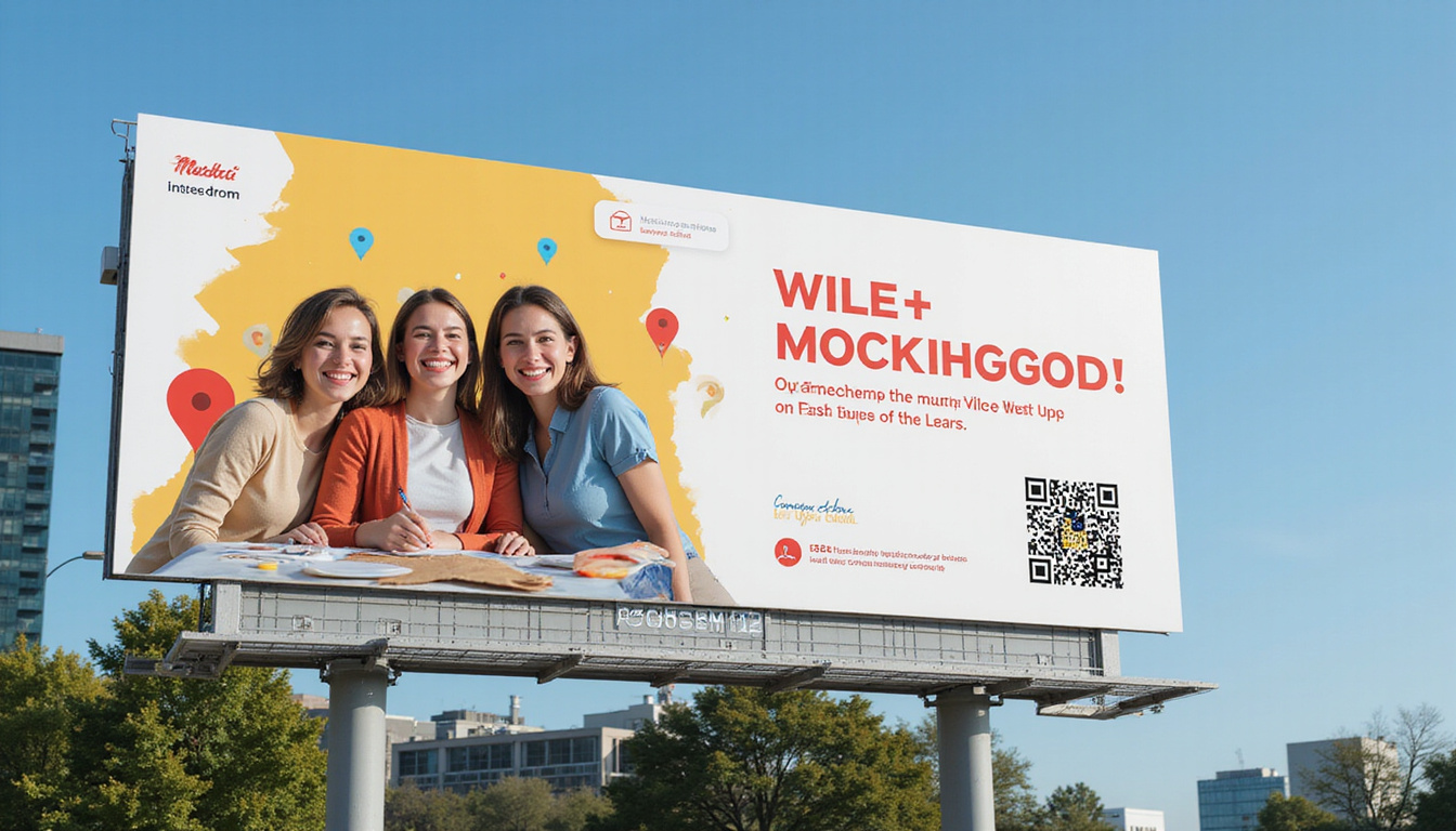  Close-up billboard mockup showcasing geo-targeted ad, QR code, smiling customers, map pins, rising revenue