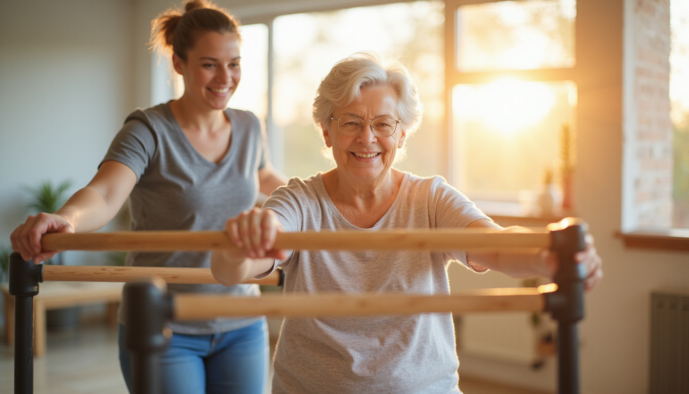  Elderly woman regaining mobility with parallel bars, soft morning light, supportive team cheering