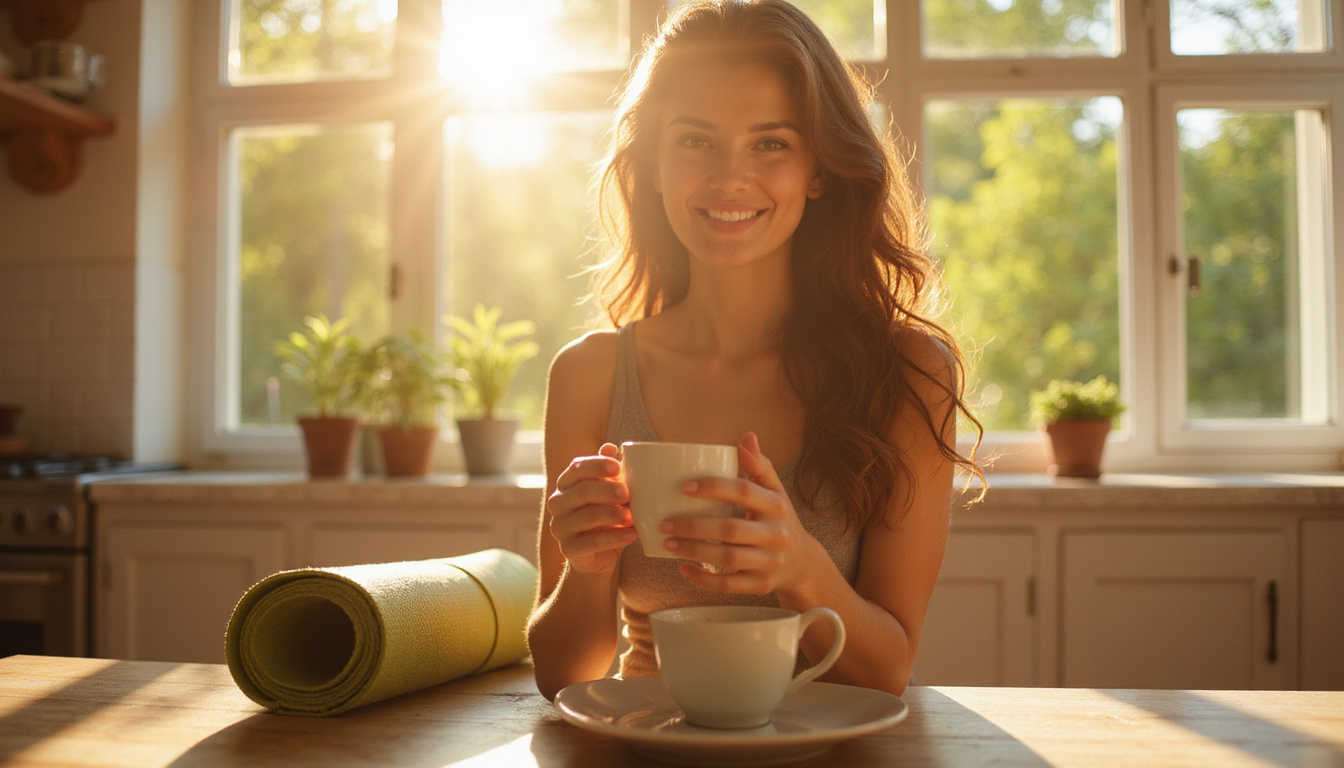  Sunlit kitchen, smiling woman drinking herbal tea, yoga mat rolled, glowing balanced hormone aura, vibrant morning