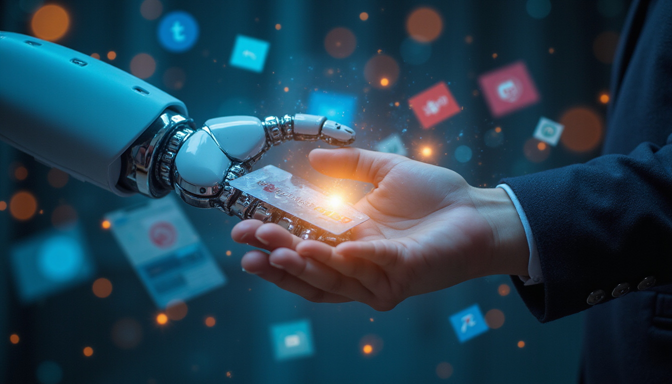  Human hand shaking robotic hand over glowing loyalty cards, brand logos floating, data stream