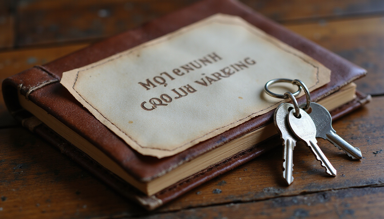 Hidden upgrade codes on vintage leather notebook, concierge whispering, luxury suite keys glinting