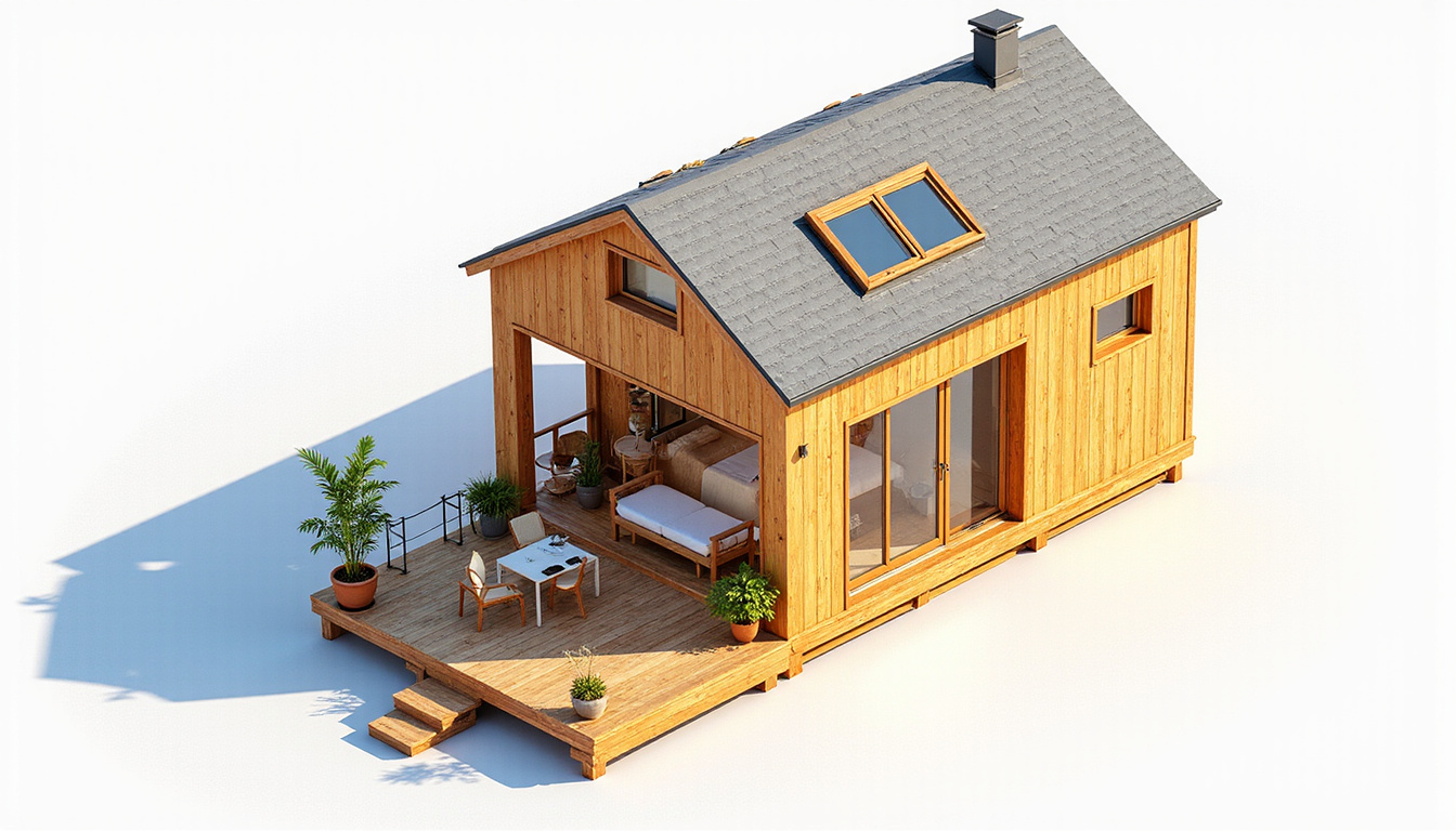  Architectural axonometric drawing of a tiny house, skylights, sliding partitions, multifunctional furniture, luminous palette