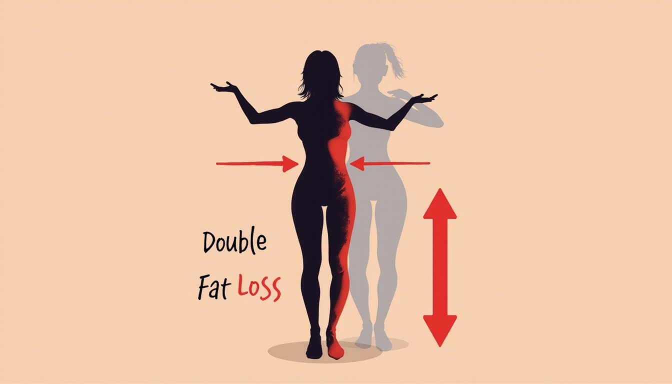 Slim silhouette splitting into two halves, arrows indicating double fat loss, flexible fork