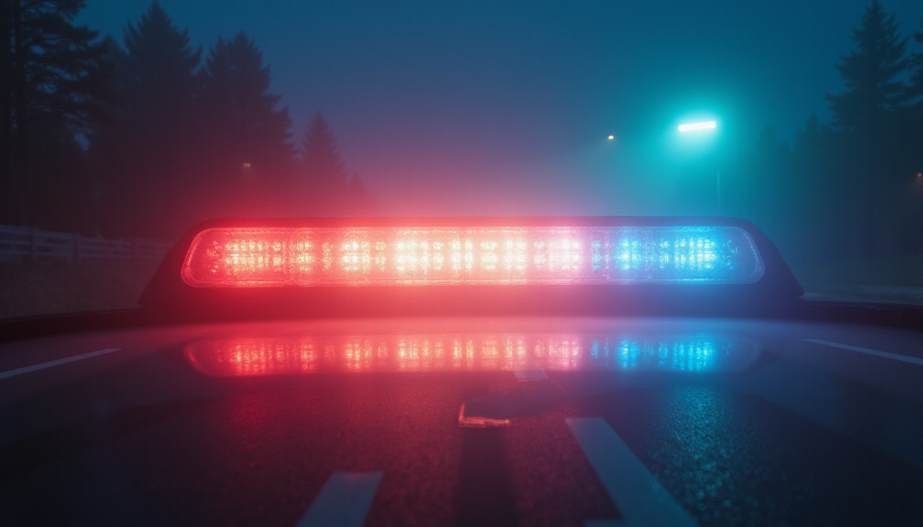 Close-up LED light bar beam cutting through fog, reflective highway signs, cinematic safety