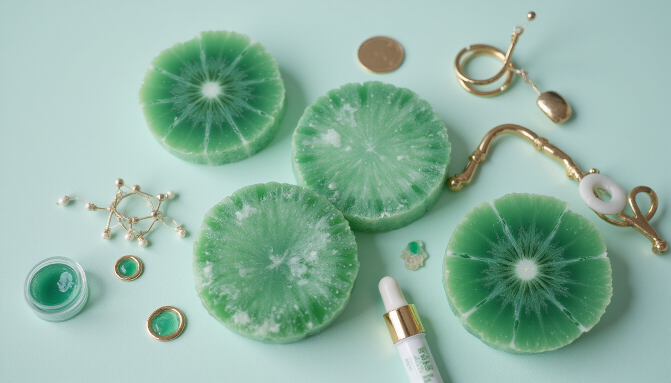Scientific lab scene: jade and metal cross-sections, molecular diagrams, luxury skincare packaging, minimalist