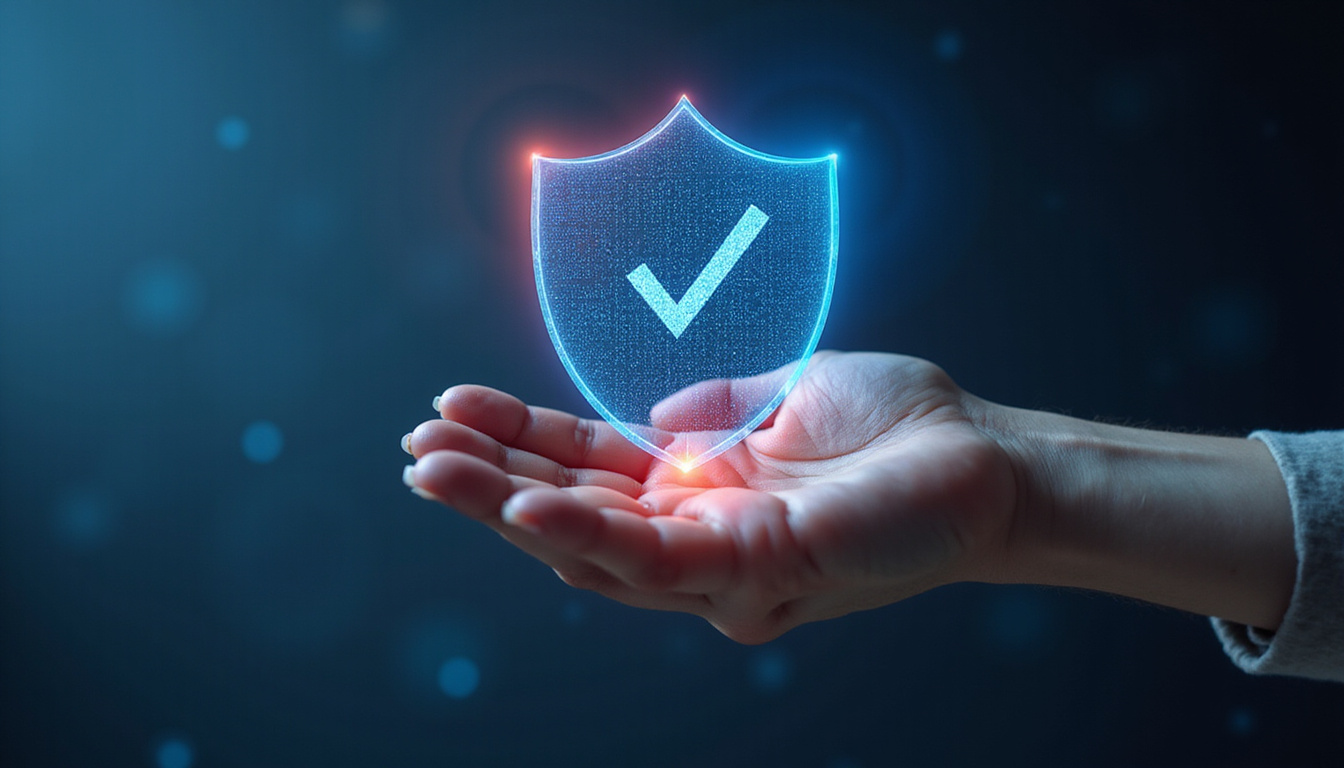  Holographic hand presenting key pair, shield of code, checklist tips floating