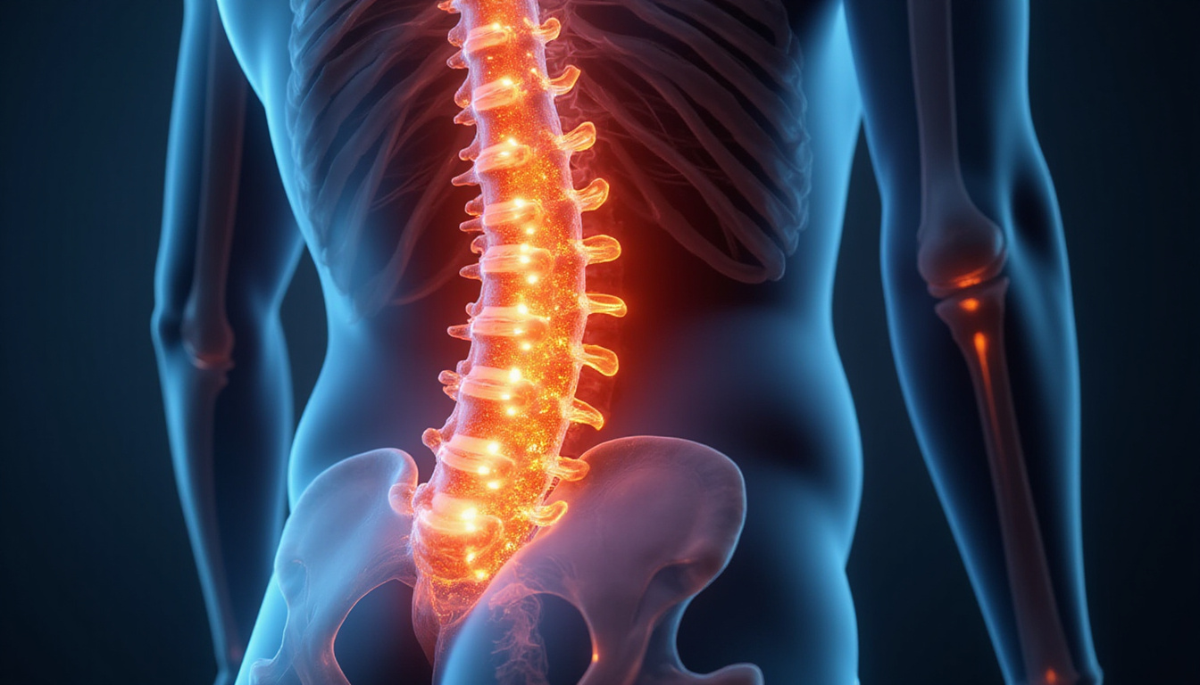  High-detail anatomical cross-section of lumbar spine with glowing inflamed sciatic nerve, labeled highlights