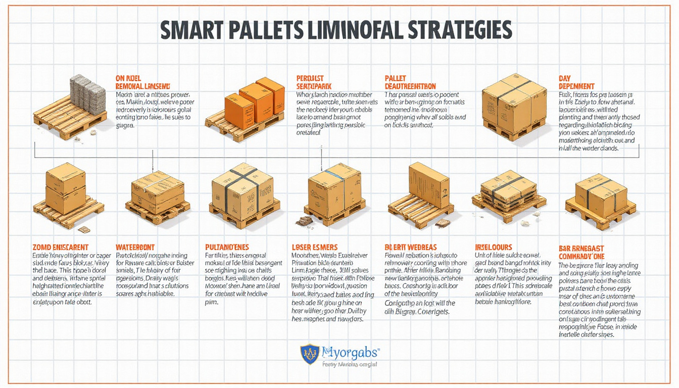  overhead blueprint perspective showing ten smart pallet removal strategies, annotated icons, high-contrast infographic style