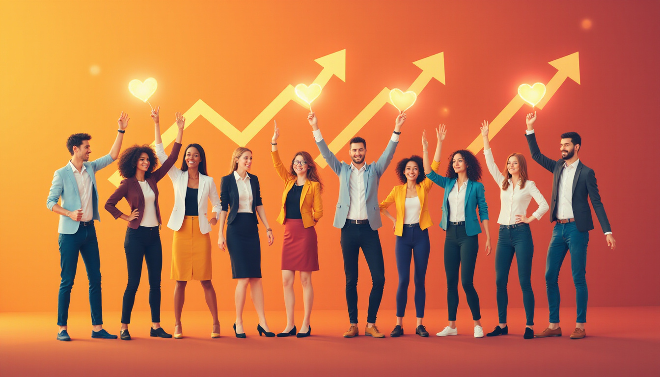 Diverse call center team celebrating with glowing loyalty hearts and upward golden arrows