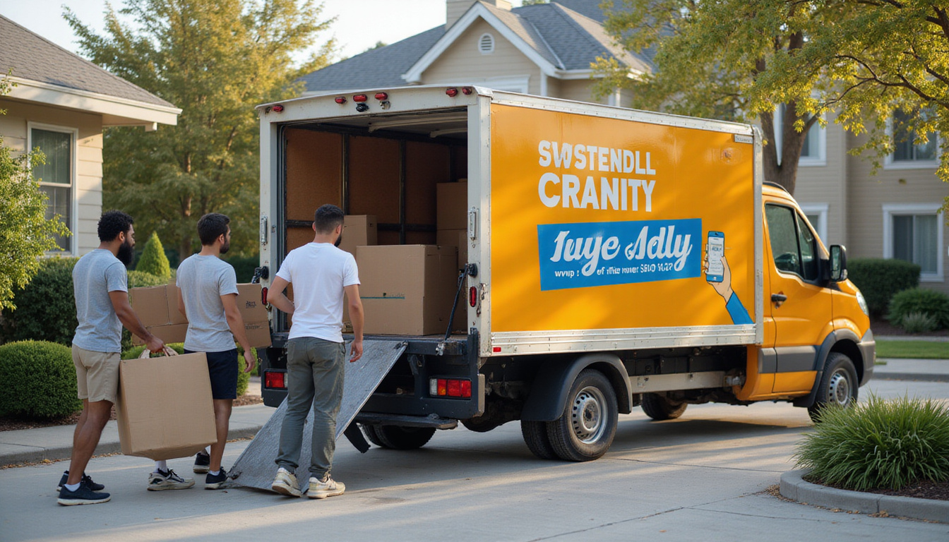  Friendly junk removal crew hauling boxes into van, stopwatch overlay, fast efficient urban driveway