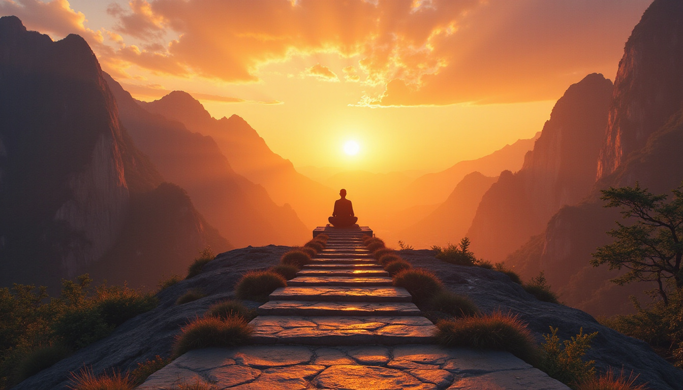 Ancient mountain temple at dawn, meditator on stone steps, radiant golden awakening light