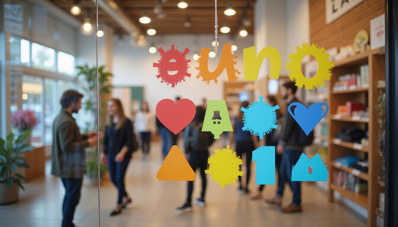  Close-up colorful promotional window decal, glimpse inside bustling retail interior, excited shoppers