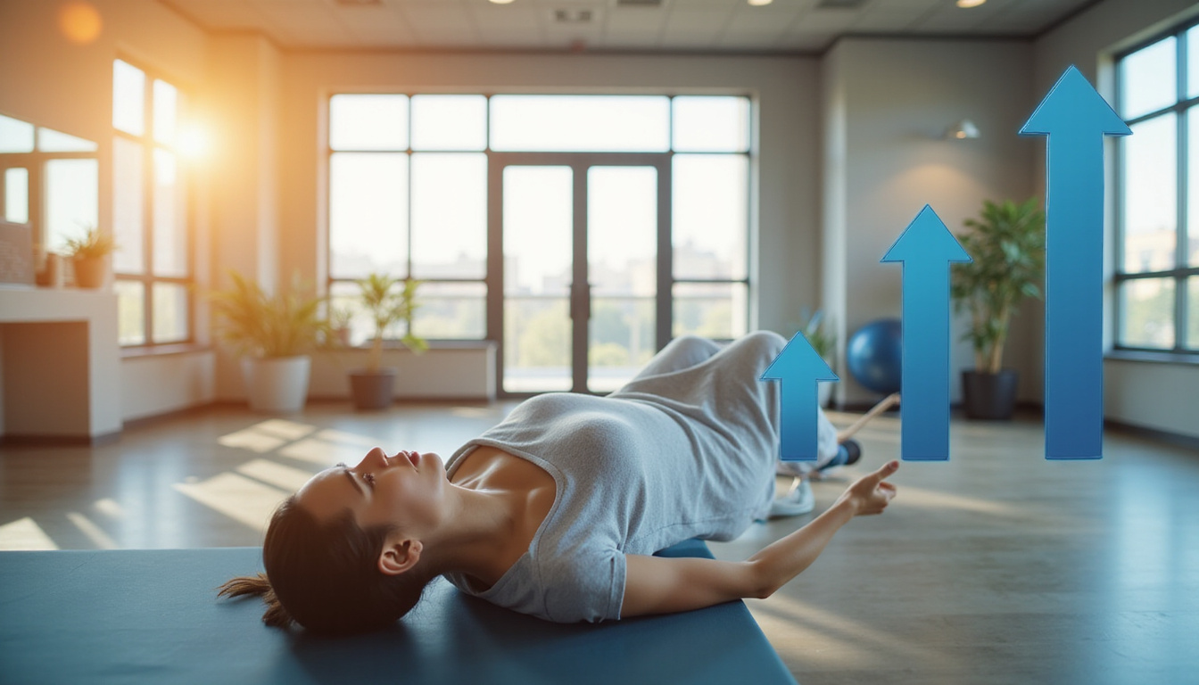 Rehabilitation gym scene, patient performing progressive exercises, motion blur, infographic arrows showing faster recovery