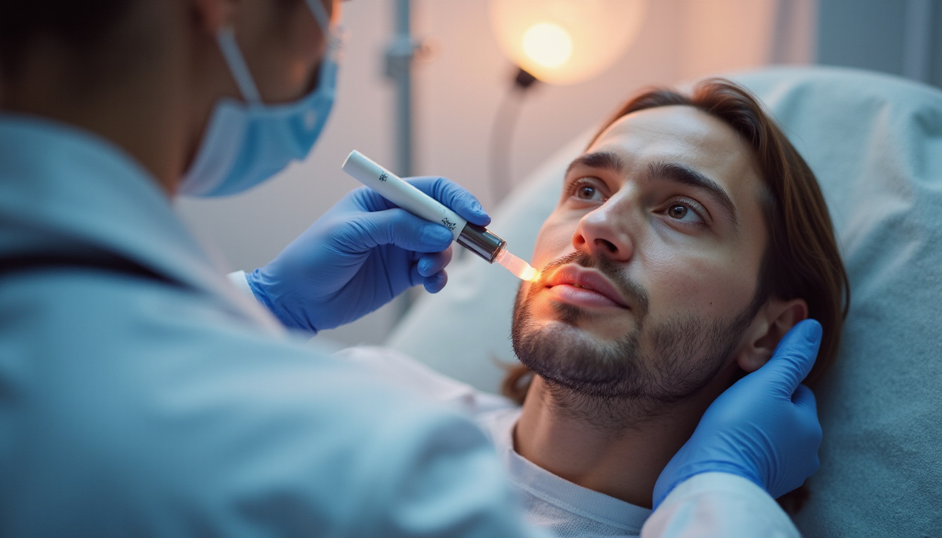  Clinical scene with dermatologist applying topical aromatase inhibitor, glowing hair follicles regenerating, hopeful lighting