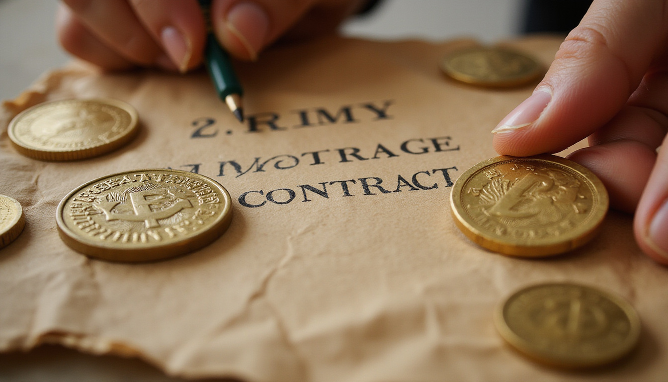  Close-up mortgage contract, Egyptian pound coins, papyrus textures, hands signing, cinematic depth