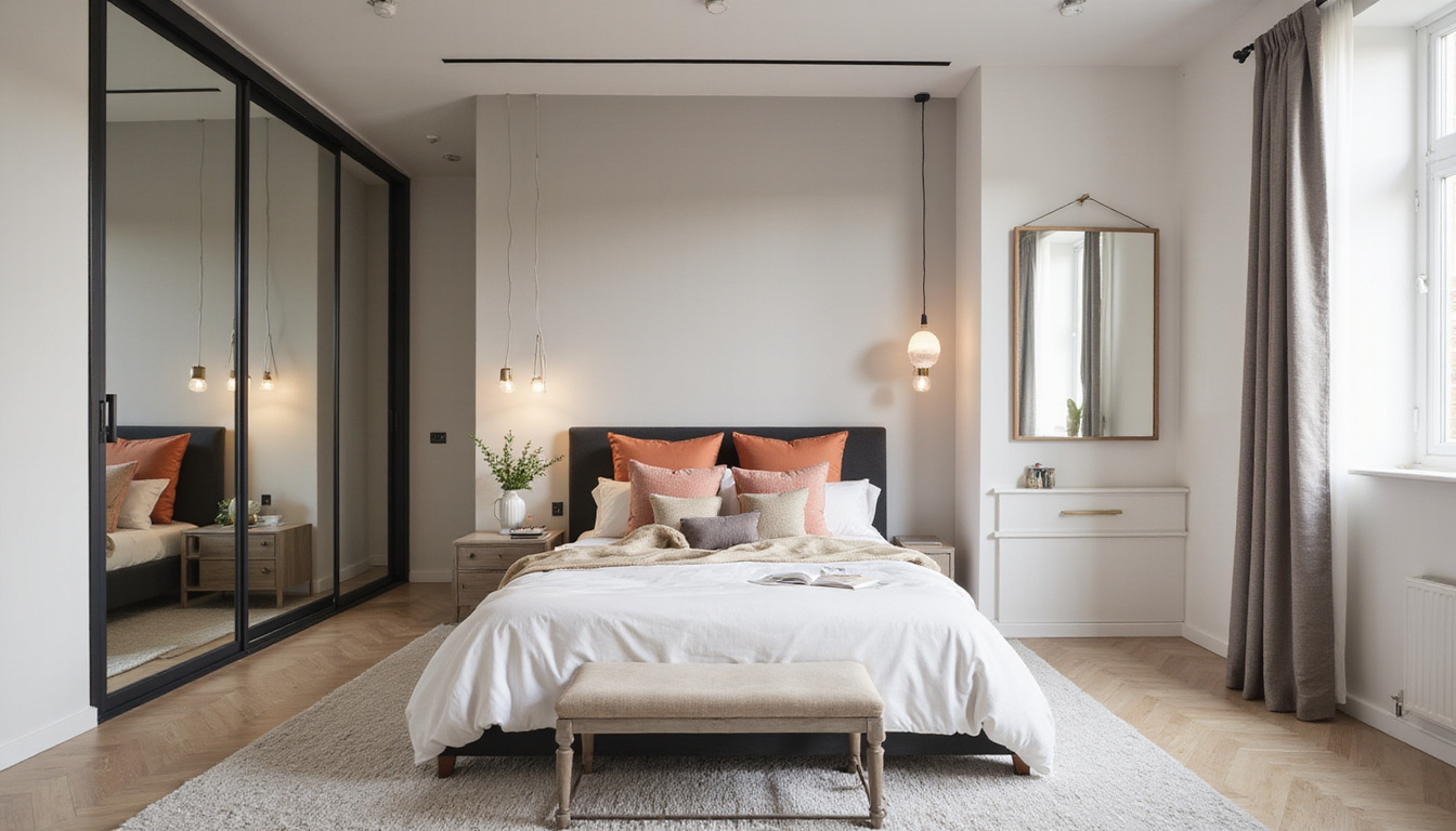  Small bedroom in soft greige with monochrome trim, mirrored closet reflecting daylight, sense of spaciousness