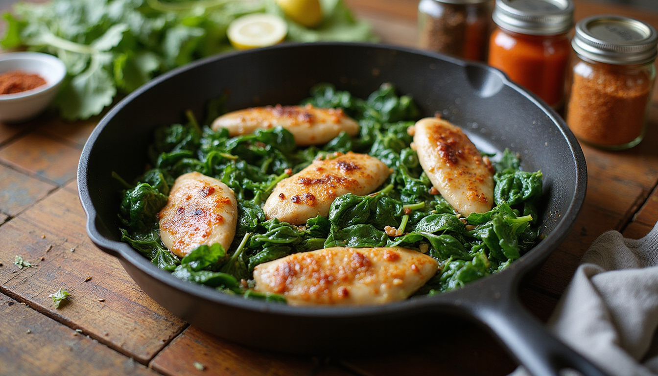 Cast-iron skillet sizzling chicken and spinach, frozen vegetables, jarred spices, smartphone recipe, thrift-store vibe