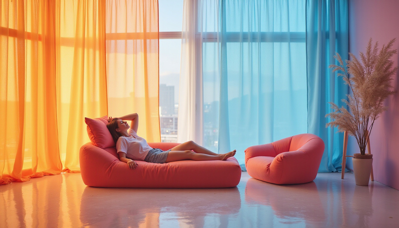  Person relaxing as furniture subtly reconfigures, translucent AI threads learning patterns, serene atmosphere