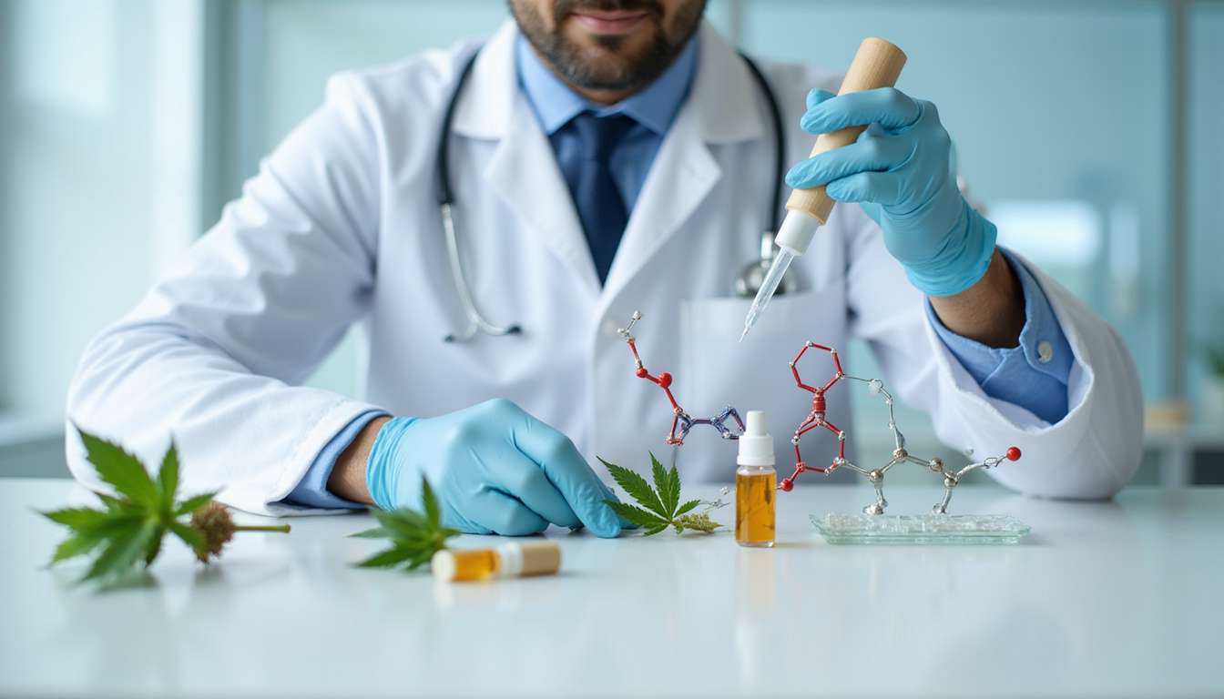  Clinical laboratory: chemist with pipette, CBD molecular model, sterile white surfaces, certification seals framed