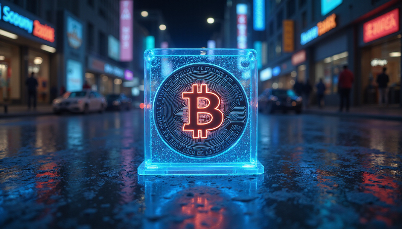 Insurance policy hologram protecting bitcoin and ethereum from shadowy hackers, circuit city backdrop