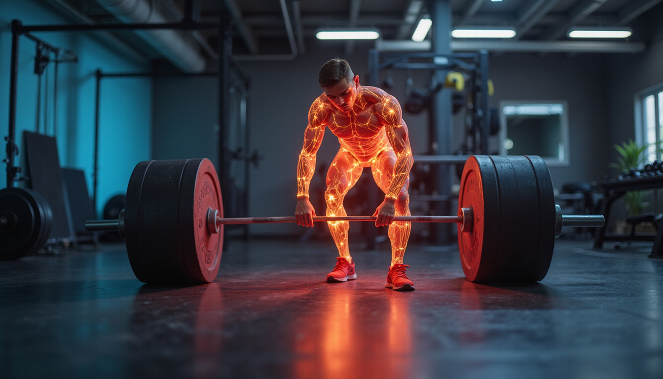 Dynamic trainer guiding single leg deadlift, glowing hip muscles, motion blur, high contrast gym