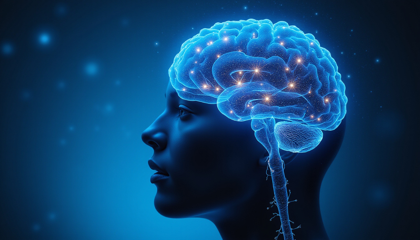Serene portrait of brain illuminated by CBD molecules, cooling blue ...