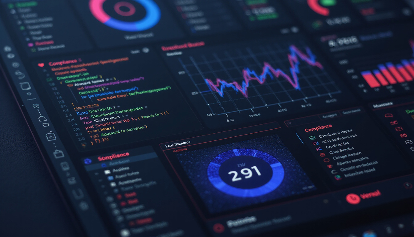  Dark modern dashboard, encrypted code streams, compliance stamp, auditor reviewing checklist, dramatic lighting