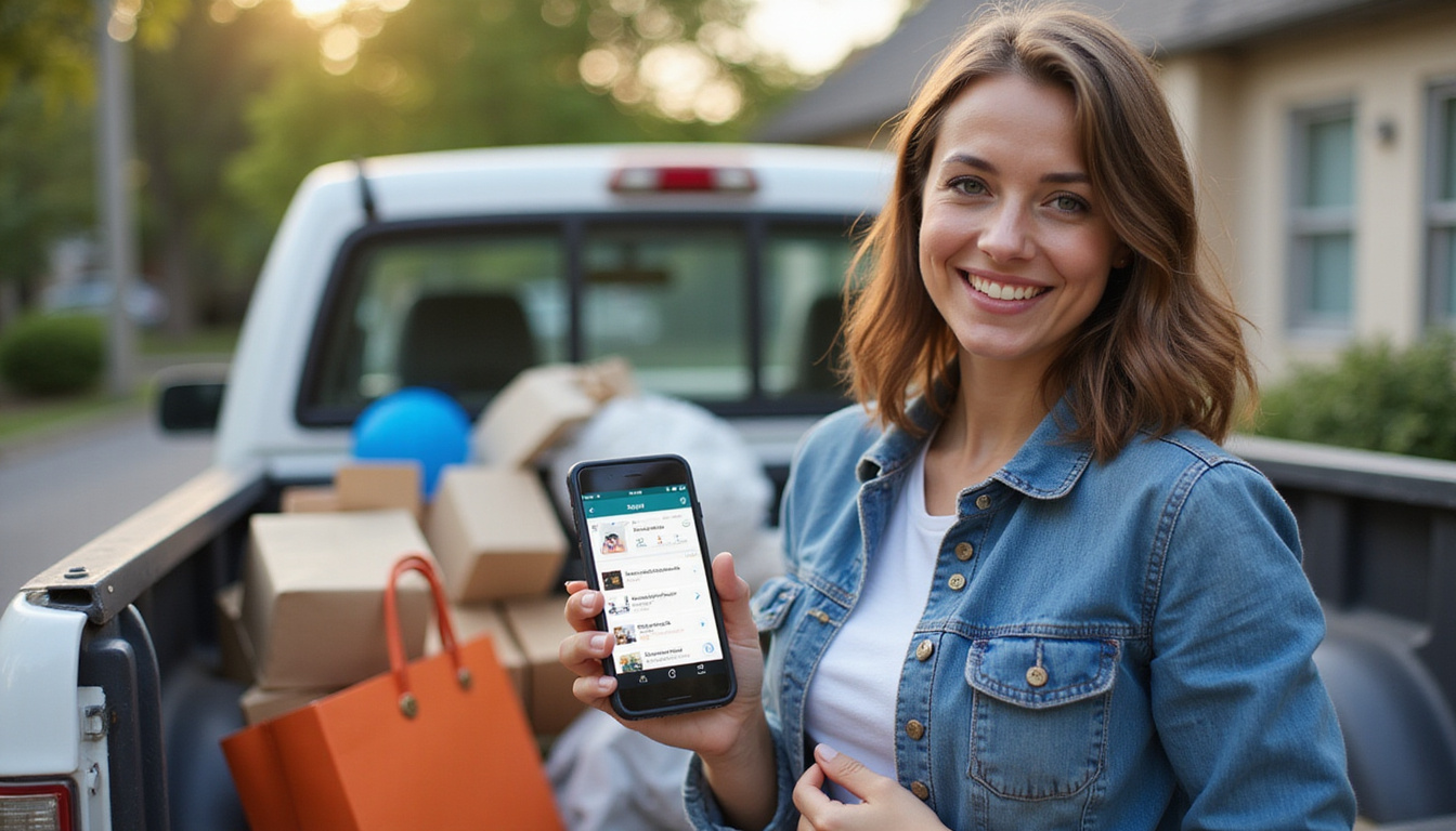  Pickup truck loaded with items for resale, smartphone listing app open, smiling seller, urban driveway
