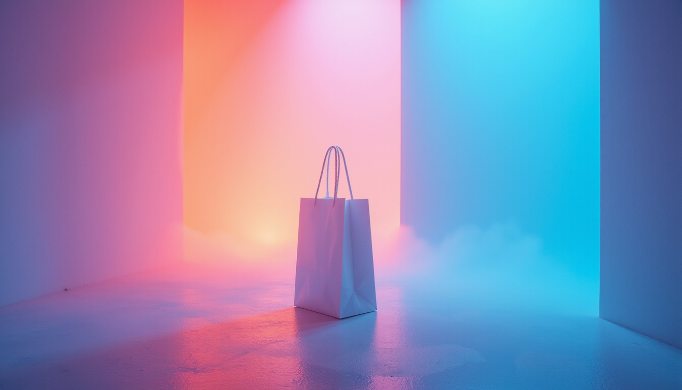  Single shopper bathed in ethereal light, translucent silhouettes whisper brands, neon reflections, cinematic