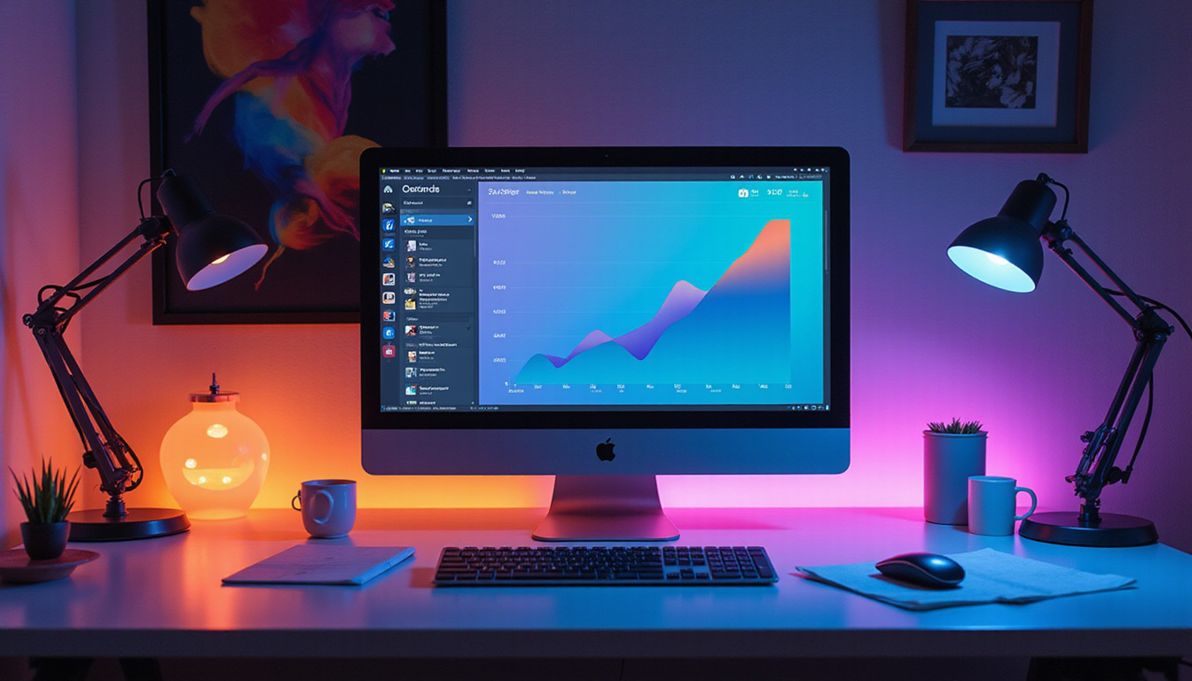  Designer workspace with rack card mockups, before-and-after layout, analytics chart showing response increase, cinematic lighting