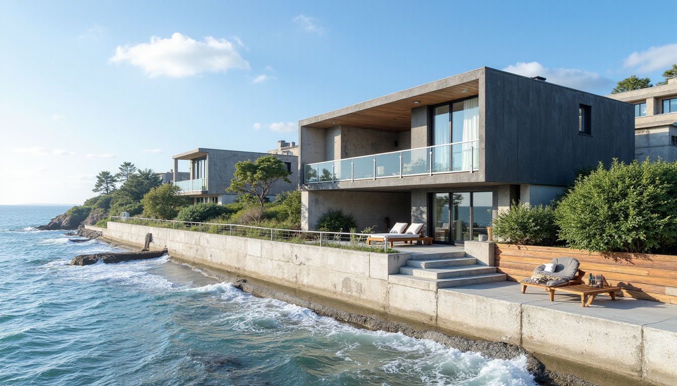 Modern coastal renovation boosting value, architect plans, insurance documents, protective seawall, photorealistic